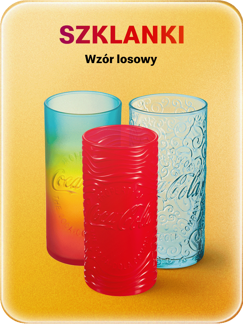 Przykładowe wzory kolorowych dekoracyjnych szklanek z logo Coca Cola