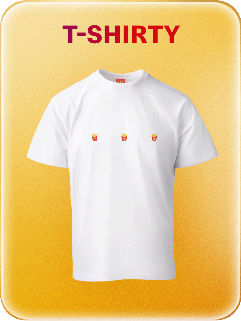 Biały T-shirt z elementami dekoracyjnymi w kształcie pudełka z frytkami