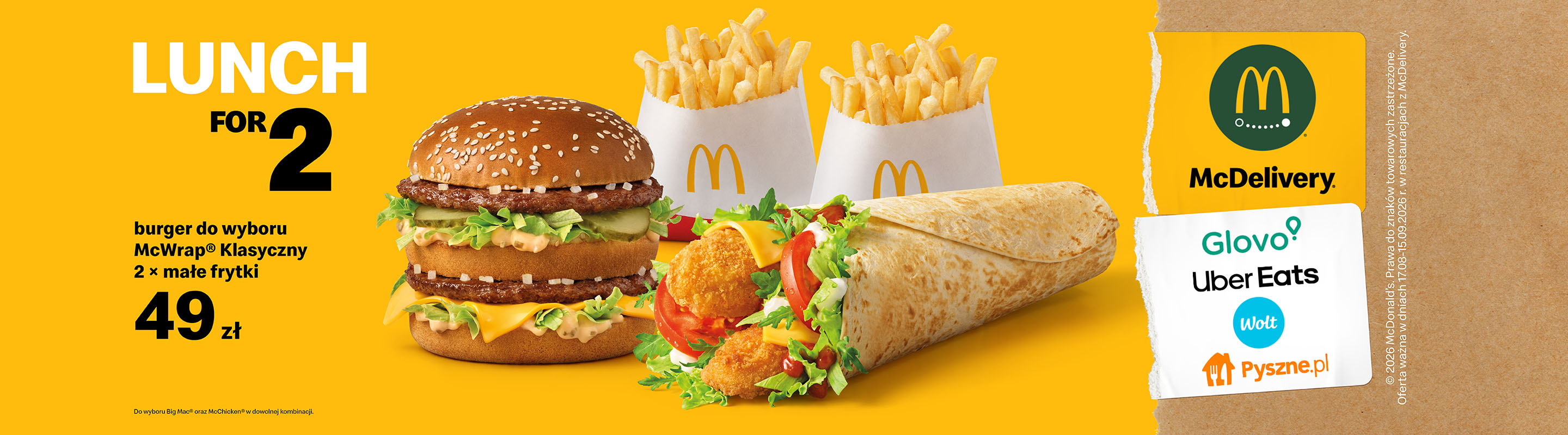 Lunch for 2, burger do wyboru McWrap Klasyczny, 2 x małę frytki 49zł